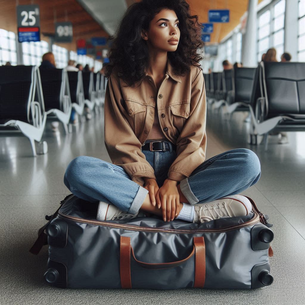 Mulher com bolsa da ABS Bolsas no aeroporto